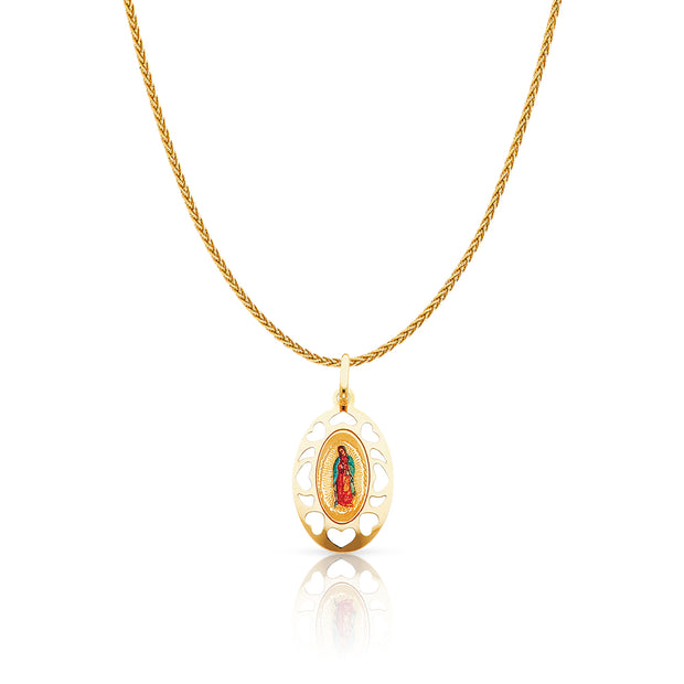 14K Gold Guadalupe Enamel Charm Pendant with 1.1mm Wheat Chain Necklace