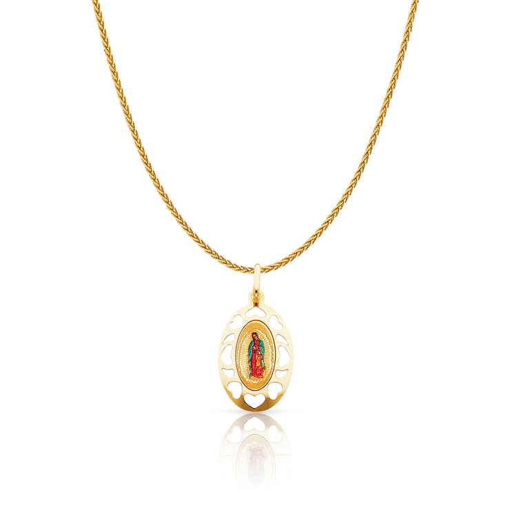 14K Gold Guadalupe Enamel Charm Pendant with 1.1mm Wheat Chain Necklace