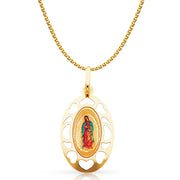 14K Gold Guadalupe Enamel Pendant with 1.2mm Flat Open Wheat Chain