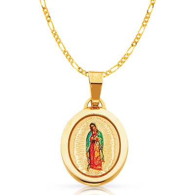 14K Gold Guadalupe Enamel Pendant with 2mm Figaro 3+1 Chain