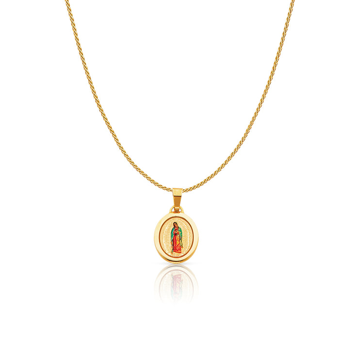 14K Gold Guadalupe Enamel Charm Pendant with 0.9mm Wheat Chain Necklace