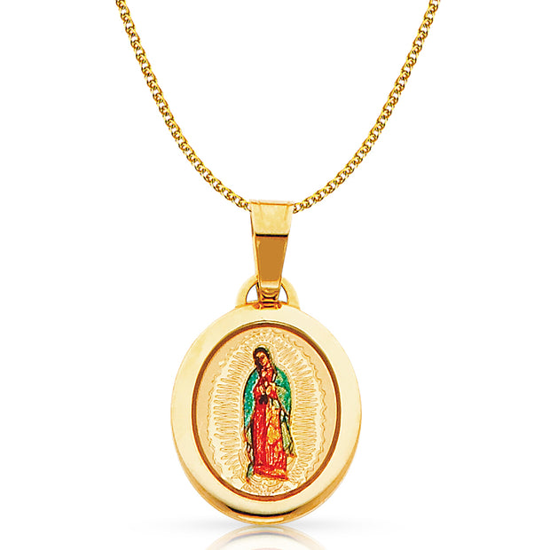 14K Gold Guadalupe Enamel Pendant with 1.2mm Flat Open Wheat Chain