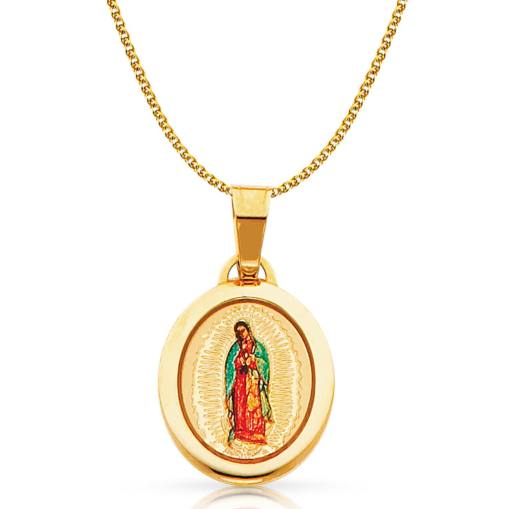 14K Gold Guadalupe Enamel Pendant with 1.2mm Flat Open Wheat Chain