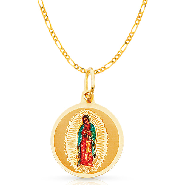 14K Gold Guadalupe Enamel Pendant with 2mm Figaro 3+1 Chain