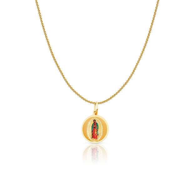 14K Gold Guadalupe Enamel Charm Pendant with 0.9mm Wheat Chain Necklace