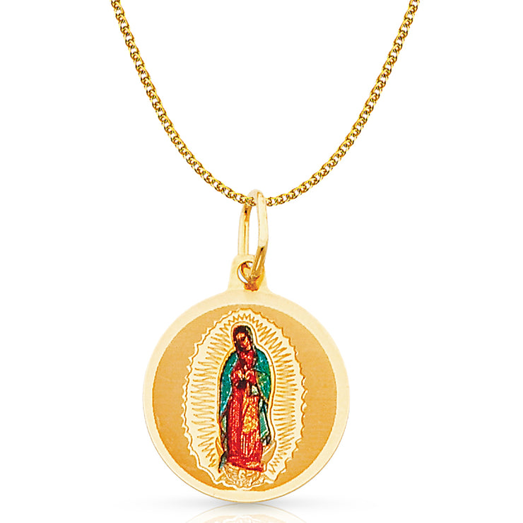 14K Gold Guadalupe Enamel Pendant with 1.2mm Flat Open Wheat Chain