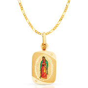 14K Gold Guadalupe Enamel Pendant with 2mm Figaro 3+1 Chain