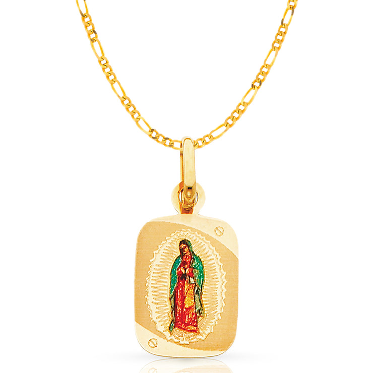 14K Gold Guadalupe Enamel Pendant with 2mm Figaro 3+1 Chain