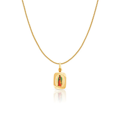 14K Gold Guadalupe Enamel Charm Pendant with 0.9mm Wheat Chain Necklace