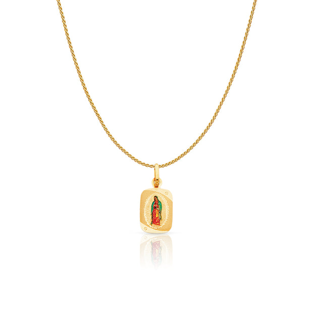 14K Gold Guadalupe Enamel Charm Pendant with 0.9mm Wheat Chain Necklace