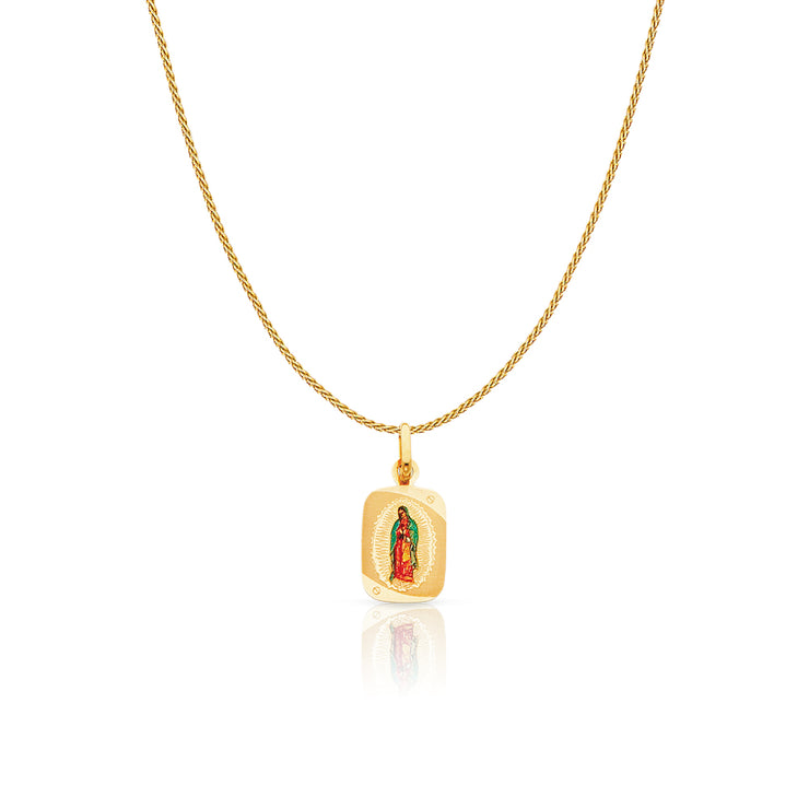 14K Gold Guadalupe Enamel Charm Pendant with 0.9mm Wheat Chain Necklace