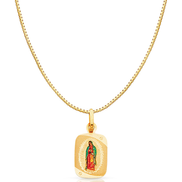 14K Gold Guadalupe Enamel Religious Charm Pendant with 0.8mm Box Chain Necklace