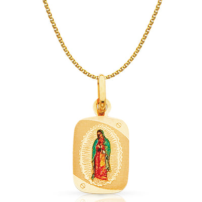 14K Gold Guadalupe Enamel Pendant with 1.2mm Flat Open Wheat Chain