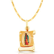 14K Gold Guadalupe Enamel Pendant with 2mm Figaro 3+1 Chain