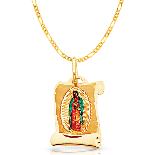 14K Gold Guadalupe Enamel Pendant with 2mm Figaro 3+1 Chain