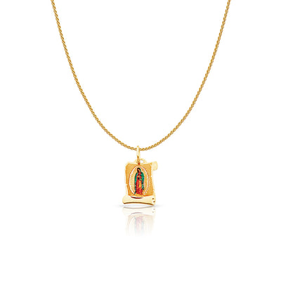 14K Gold Guadalupe Enamel Charm Pendant with 0.9mm Wheat Chain Necklace