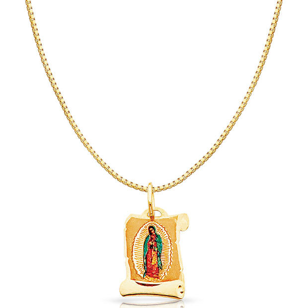 14K Gold Guadalupe Enamel Religious Charm Pendant with 0.8mm Box Chain Necklace