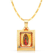 14K Gold Guadalupe Enamel Pendant with 2mm Figaro 3+1 Chain