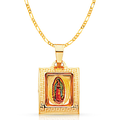 14K Gold Guadalupe Enamel Pendant with 2mm Figaro 3+1 Chain