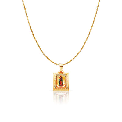 14K Gold Guadalupe Enamel Charm Pendant with 0.9mm Wheat Chain Necklace