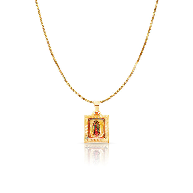 14K Gold Guadalupe Enamel Charm Pendant with 0.9mm Wheat Chain Necklace