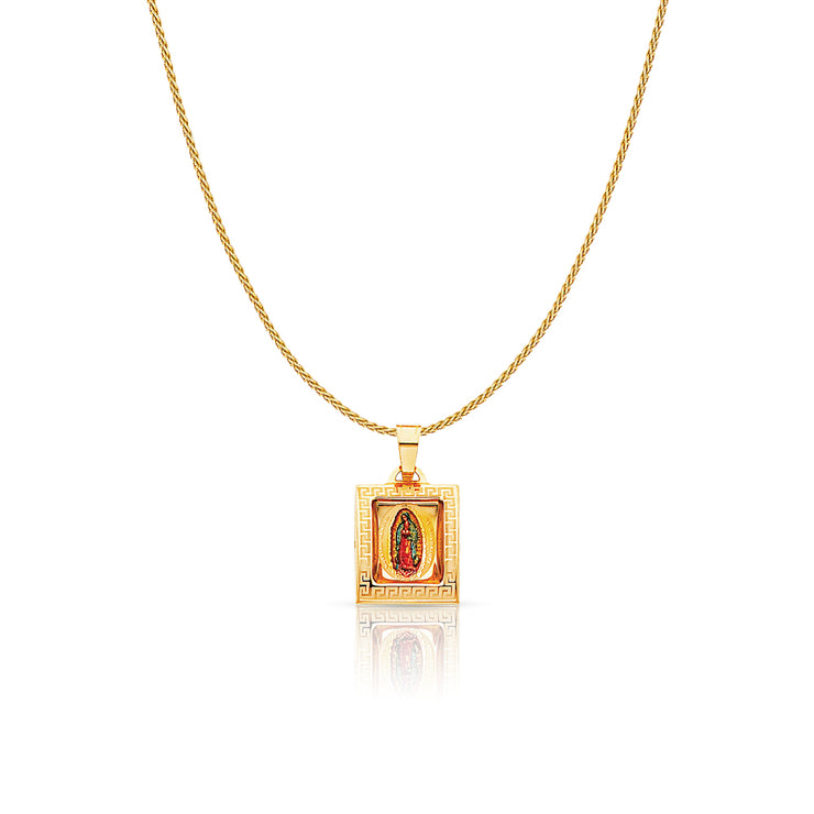 14K Gold Guadalupe Enamel Charm Pendant with 0.9mm Wheat Chain Necklace