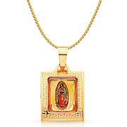 14K Gold Guadalupe Enamel Pendant with 1.2mm Flat Open Wheat Chain