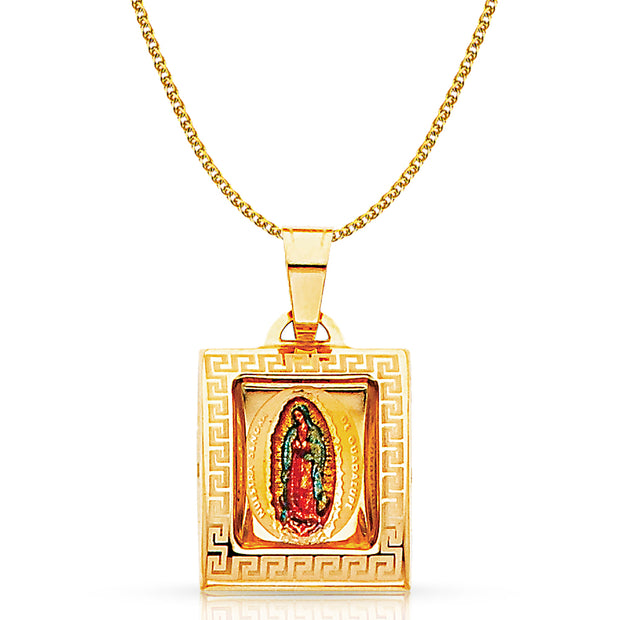 14K Gold Guadalupe Enamel Pendant with 1.2mm Flat Open Wheat Chain