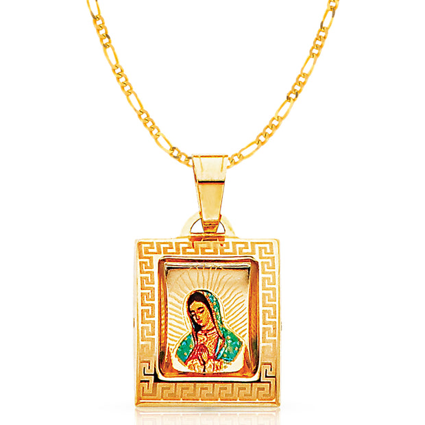 14K Gold Guadalupe Enamel Pendant with 2mm Figaro 3+1 Chain