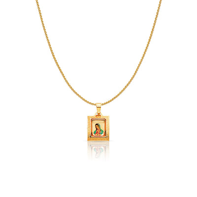 14K Gold Guadalupe Enamel Charm Pendant with 0.9mm Wheat Chain Necklace