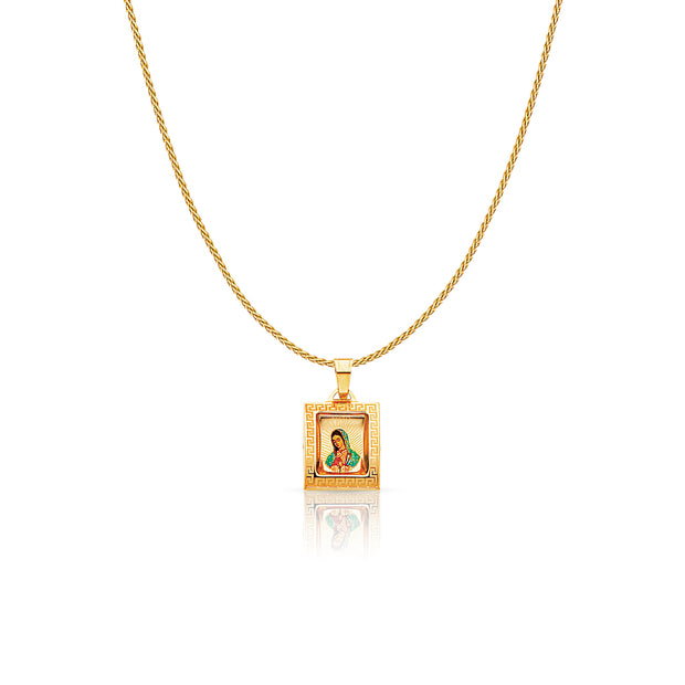 14K Gold Guadalupe Enamel Charm Pendant with 0.9mm Wheat Chain Necklace