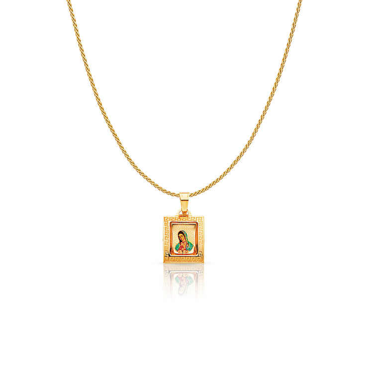 14K Gold Guadalupe Enamel Charm Pendant with 0.9mm Wheat Chain Necklace