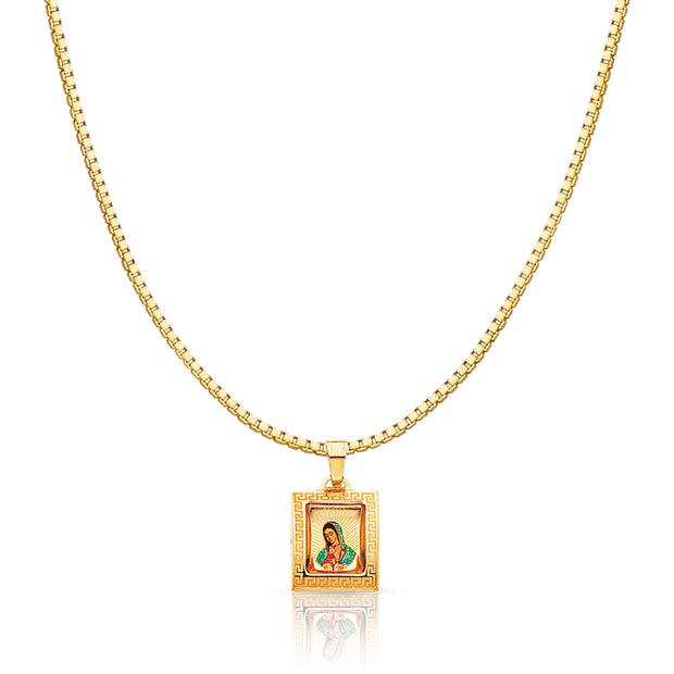 14K Gold Guadalupe Enamel Religious Charm Pendant with 1.2mm Box Chain Necklace