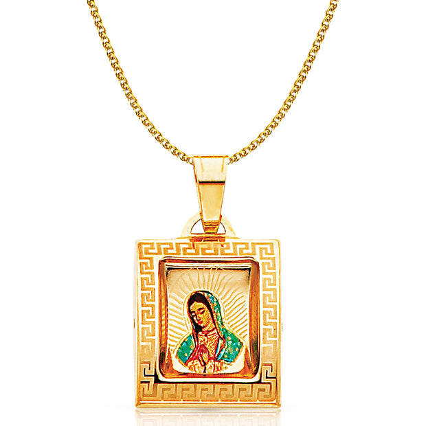 14K Gold Guadalupe Enamel Pendant with 1.2mm Flat Open Wheat Chain