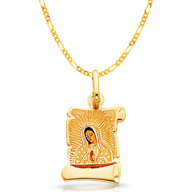 14K Gold Guadalupe Enamel Pendant with 2mm Figaro 3+1 Chain