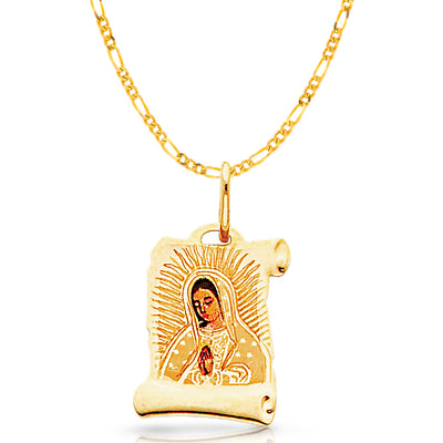 14K Gold Guadalupe Enamel Pendant with 2mm Figaro 3+1 Chain