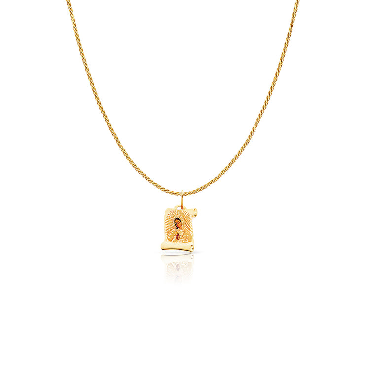 14K Gold Guadalupe Enamel Charm Pendant with 0.9mm Wheat Chain Necklace