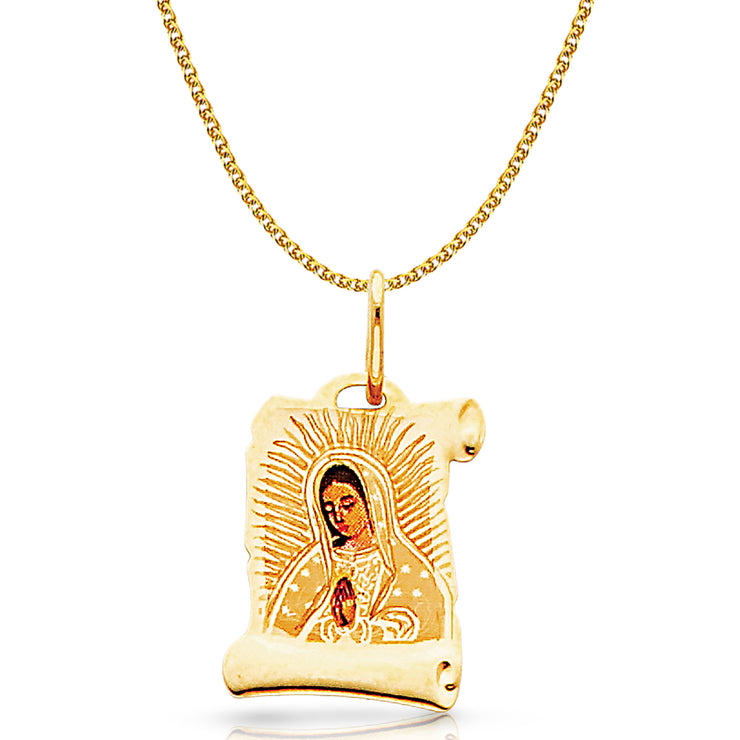 14K Gold Guadalupe Enamel Pendant with 1.2mm Flat Open Wheat Chain