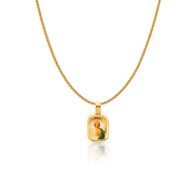 14K Gold St. Jude Enamel Charm Pendant with 1.1mm Wheat Chain Necklace