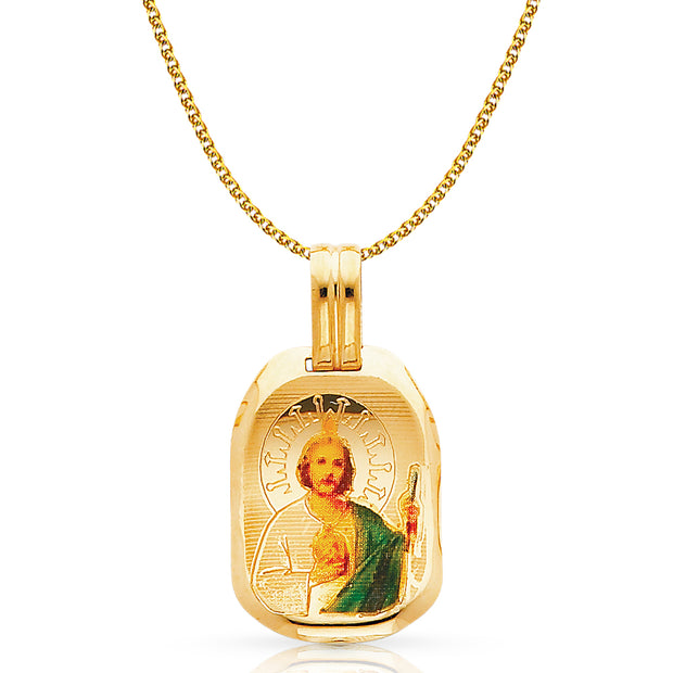 14K Gold St. Jude Enamel Pendant with 1.2mm Flat Open Wheat Chain