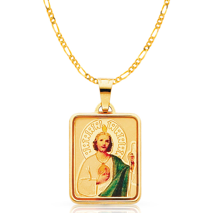 14K Gold St. Jude Enamel Pendant with 2mm Figaro 3+1 Chain