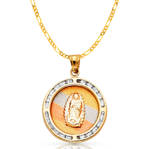 14K Gold Guadalupe CZ Pendant with 2mm Figaro 3+1 Chain