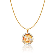 14K Gold Guadalupe CZ Charm Pendant with 1.1mm Wheat Chain Necklace