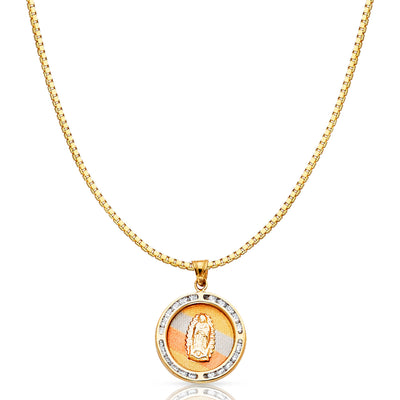 14K Gold Guadalupe CZ Religious Charm Pendant with 1.2mm Box Chain Necklace