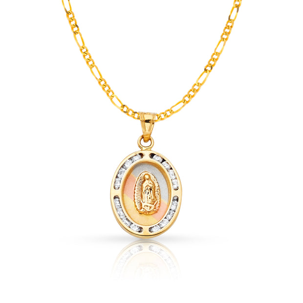 14K Gold Guadalupe CZ Pendant with 2mm Figaro 3+1 Chain