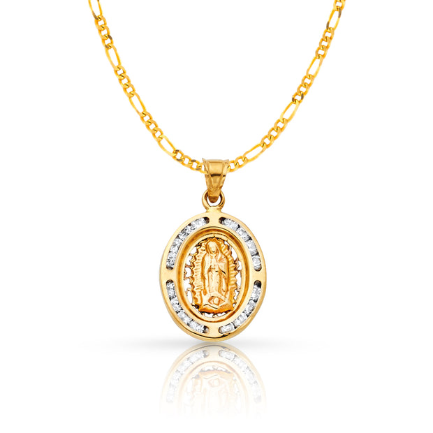 14K Gold Guadalupe CZ Pendant with 2mm Figaro 3+1 Chain