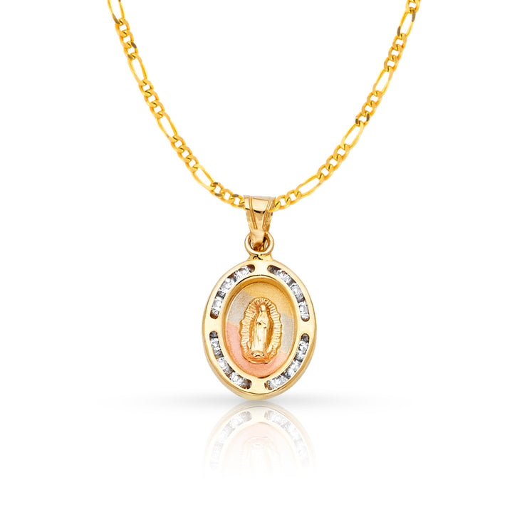 14K Gold Guadalupe CZ Pendant with 2mm Figaro 3+1 Chain