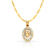 14K Gold Guadalupe CZ Pendant with 2mm Figaro 3+1 Chain