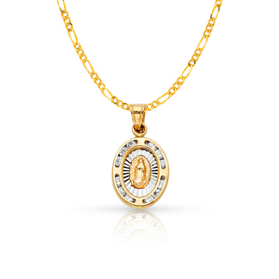 14K Gold Guadalupe CZ Pendant with 2mm Figaro 3+1 Chain