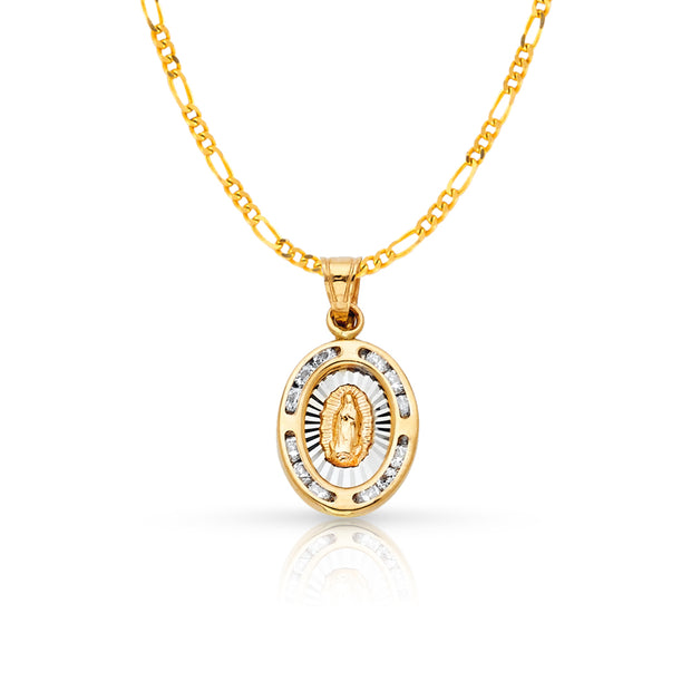 14K Gold Guadalupe CZ Pendant with 2mm Figaro 3+1 Chain